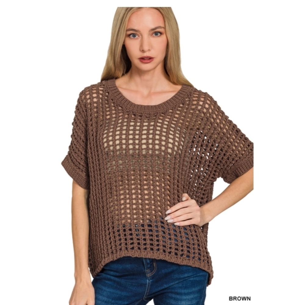 Z2 BROWN Zenana Fish Net Short Sleeve Crochet Sweater Various Sizes